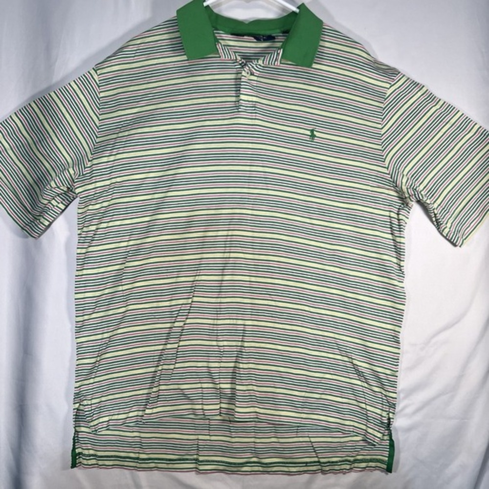 Polo Golf Ralph Lauren Yellow GreenStriped Shirt Green Pony Sz Large - Picture 2 of 9